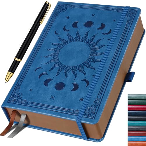 Journal Notebook for Women/Men, Daily for Classic Lined Writing,360 Pages Leather Hardcover with Vintage Sun & Moon Design, Blue, A5 (5.9'' x 8.5'') - color: Blue, size: A5