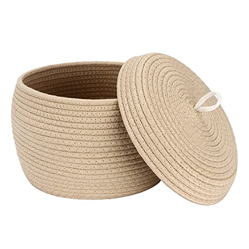 Sea Team Round Cotton Rope Storage Basket with Lid, Decorative Woven Storage Bin, Pot, Caddy, Organizer, Container for Snacks, Towels, Plants, 10 x 7.5 Inches (Small Size, Khaki) - color: Khaki, size: Small