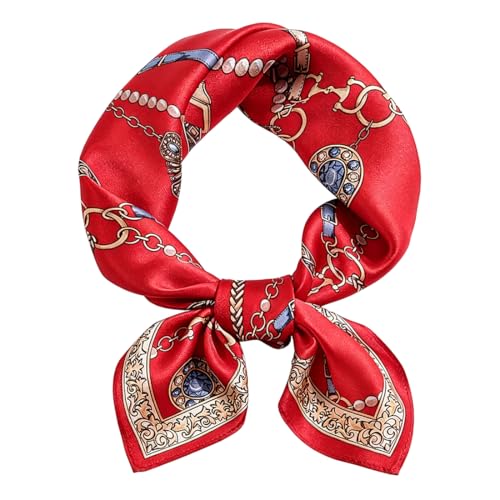 ANDANTINO 100% Mulberry Silk Scarf -21” Lightweight Square Neckerchief – Breathable Digital Printed Scarves with Gift Packed - color: Chains-gold&red