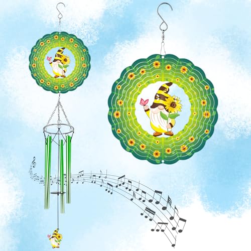 Wind Chimes with Sunflower Gnome 3D Display Wind Spinner for Outside Garden Patio Yard Decor, Metal Decorative Windchime Outdoor Hanging Gift for Mom Women Wife, for Christmas, Birthday - color: Sunflower Gnome