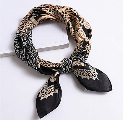 ANDANTINO 100% Mulberry Silk Scarf -21” Lightweight Square Neckerchief – Breathable Digital Printed Scarves with Gift Packed - color: Gold &Black