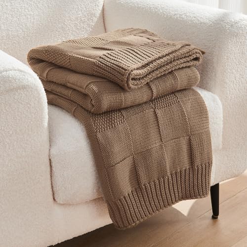 CozeCube Check Knit Throw Blanket, Light Brown Checkered Throw for Couch, Decorative Christmas Soft Cozy Warm Knitted Blanket for Bed Sofa Living Room, 50"X60" - color: Light Brown, size: 50"X60"