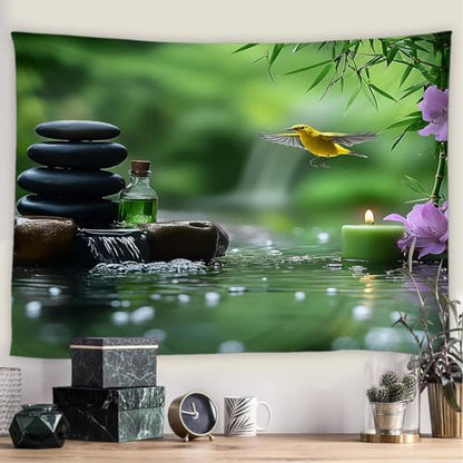 YSSFAV Japanese Garden Tapestry Zen Stone Bird Asian Spa Candle Green Meditation Wall Hanging Bedroom Living Room Dorm Decor,90" W x 60" H - size: 90"W X 60"H