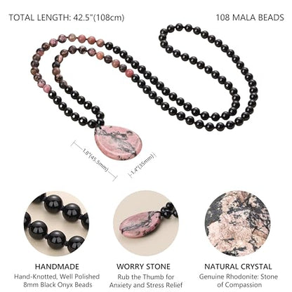 COAI Thumb Worry Stones Necklace for Men Women, Handmade 108 Mala Beaded Necklace for Women Men 8MM - style: Onyx & Rhodonite