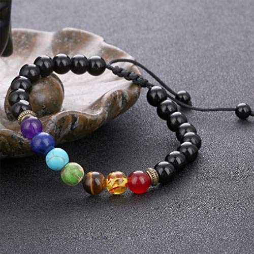 GelConnie Lava Rock Chakra Bracelet 7 Chakra 8mm Natural Stone Healing Bracelet Stress Relief Yoga Beads Anxiety Bracelet Aromatherapy Essential Oil Diffuser Bracelet Bangle - color: Black Agate
