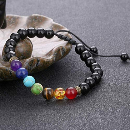 GelConnie Lava Rock Chakra Bracelet 7 Chakra 8mm Natural Stone Healing Bracelet Stress Relief Yoga Beads Anxiety Bracelet Aromatherapy Essential Oil Diffuser Bracelet Bangle - color: Black Agate