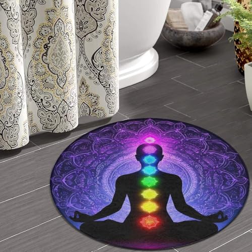 Modern Round Area Rug, Non-Slip Machine Washable Kitchen Office Circle Rug, Room Sofa Yoga Soft Round Carpet Compatible with Seven Chakra Yoga Meditation Lotus Purple Mandala 24inch(60cm) - color: Color700, size: 24inch(60cm)