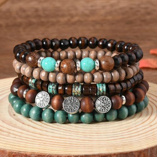 Boho Beaded Bracelet Set for Women Men Tree of Life Wood & Stone Stretch Bracelets Stackable Adjustable Unisex Jewelry Gift