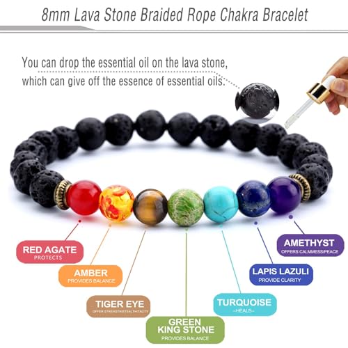 Men Women 8mm Lava Rock 7 Chakra Beads Chakra Bracelet Braided Rope Natural Stone Yoga Bracelet Bangle - color: A-Lava Chakra
