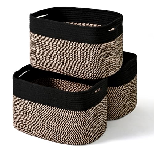 ICERZCZ Storage Baskets for Organizing Shelves, Toy Basket for Kid's Room, Woven Cotton Rope Basket for Decor, Organizing Baskets for Bedroom Living Room, 15"x11"x9.5", 3 Packs, Black & Jute - color: Black & Jute, size: 15"(l)×11"(w)×9.5"(h)