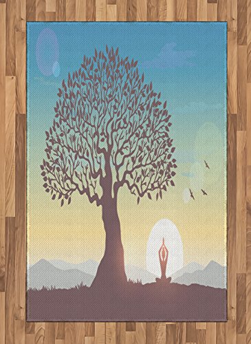 Lunarable Meditation Area Rug, Silhouette Woman Sitting in Lotus Pose and Welcoming The Sun Under a Huge Tree, Flat Woven Accent Rug for Living Room Bedroom Dining Room, 4' X 5' 7", Multicolor