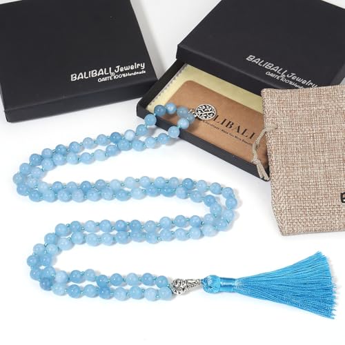 108 Mala Beads Necklace Semi-Precious Gem Stones Meditation Necklace 108 Hand Knotted Japa Mala Beaded Tassel Necklace with Tree of Life Pendant - color: Aquamarine