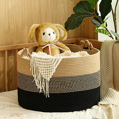 KAKAMAY Large Blanket Basket (20"x13"),Woven Rope Baskets for storage Baby Laundry Hamper, Cotton Rope Blanket Basket for Living Room, Laundry, Nursery, Pillows,Baby Toy chest (Jute/Black) - color: Black