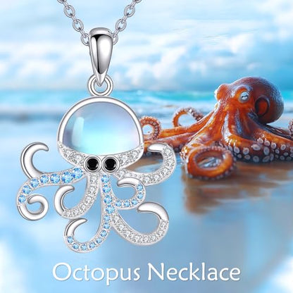Sterling Silver Cute Animal Pendant Necklace Fox/Snake/Unicorn/Owl on Moon/Rabbit/Horse Necklace Jewelry for Women Mom Sister - style: Moonstone Octopus