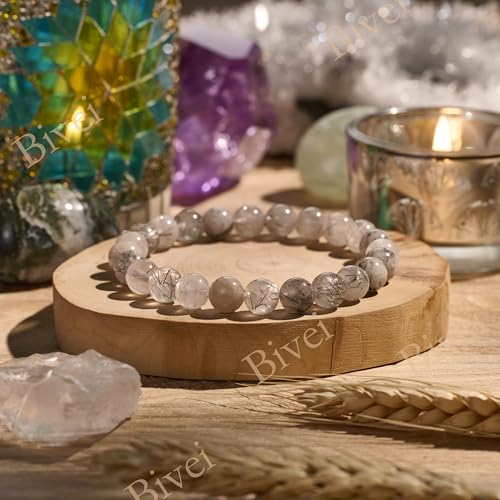 Bivei 8mm Beaded Bracelets for Women Handmade Semi Precious Natural Stone Stretch Elastic Jewelry Yoga Protection Gifts - color: Black Rutilated Quartz - Resilience, size: Medium 6.8-7.3 inch