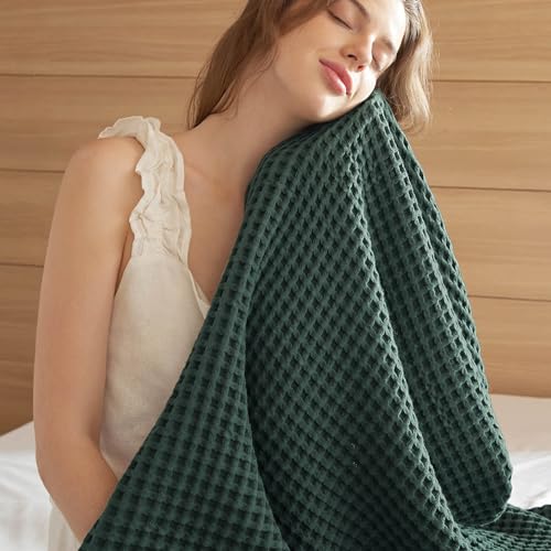 Bedsure 100% Cotton Throw Blanket for Spring Summer, Ultra Soft Waffle Weave Dark Green Blanket for Couch Sofa Chair, Thin Lightweight Breathable Bedding Gifts for Women, Men, Teens, 50"x70" - color: Dark Green, size: Throw Xl (50" X 70")