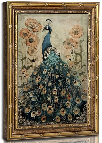 VASORASUE Vintage Golden Framed Peacock & Poppy Canvas Wall Art, Bird Floral Decor for Bedroom Living Room-16x24 inch - color: Peacock, size: 24"L x 16"W