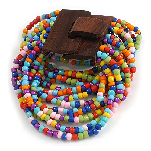 Avalaya Multicoloured Glass Bead Multistrand Flex Bracelet With Wooden Closure - 18cm L