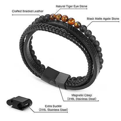 FOCOOG Leather Bead Bracelets for Men, Natural Tiger Eye Lava Rock Stone Bead Magnetic Clasp Adjustable Leather Bracelets Stress Relief Mens Anxiety Bracelet Mens Jewelry Gifts - style: Black Leather-Matte Agate&Tiger Eye