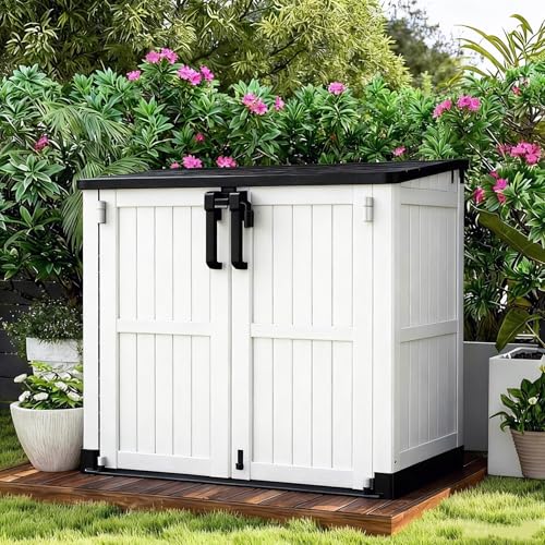 LHBcraft Outdoor Storage Cabinet 36 Cu Ft with Lockable Doors, Portable Horizontal Resin Storage Shed - Easy to Assemble, Waterproof Small Storage Shed with Floor - color: Black-Ashen, size: 30.1"×52.1"×44.3"