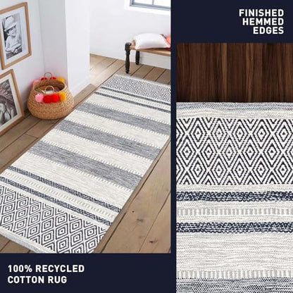 Farmhouse Rug Runner 2x6 feet Grey & Navy | Recycled Cotton Hand Woven Rug, Long Boho Rug | Perfect for Hallways, Kitchens, Bathroom, bedrooms, Meditation Yoga Mat - color: Grey-navy Blue, size: 5' x 6' (Runner)