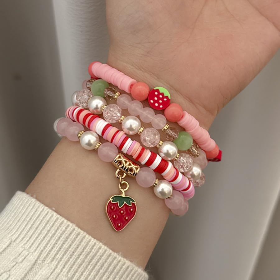 Healing Beads Bracelets for Women Men, Adjustable Natural Stone Beaded Bracelet Stackable Chain Stretch Jewelry Gifts - color: 5PCS Strawberry Beaded