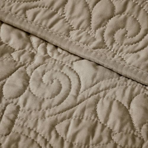 Madison Park Throw Blanket - Reversible Damask Quilting Design, Soft Pre-washed Microfiber, Cotton Filled Spread, Cozy Summer Blanket - Throw for Living Room Couch, Sofa, Bed, Quebec, 60x70", Khaki - color: Khaki, size: 60"x70"