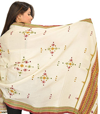 Exotic India Shawl from Kutch with Embroidered Bootis and Mirrors - Wool - color: Banana Crepe