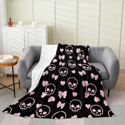 Castle Fairy Cartoon Skull Flannel Fleece Throw Blanket 40"x50" Pink Bowknot Love Heart Fuzzy Blanket for Sofa Couch Modern Girly All Season Bed Blankets Lightweight Plush Blankets,Black Pink - color: Black Pink, size: 40"×50"