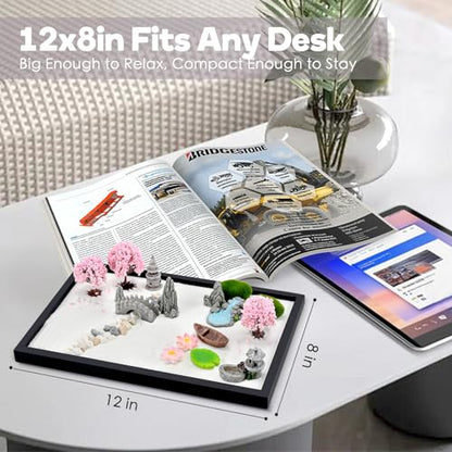 Zen Garden Kit for Desk 12x8in Premium Sand Tray Therapy Kit, Japanese Mini Zen Sand Garden Gift Set, 20 Accessories, Stress Relief Gifts, Meditation Home Office Desk Decor