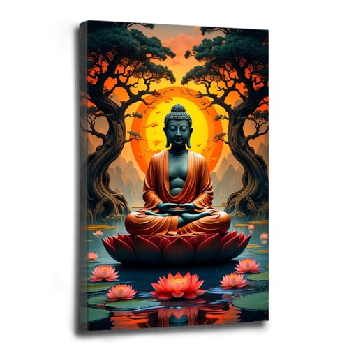 Canvas wall art Golden Buddha on lotus at sunset Ancient trees with reflections on water Serene meditation scene Uplifting wall art for mindfulness and tranquil home decor 8x12in Wood Framed - color: Buddha statue sitting on lotus 2, size: 8x12in Framed