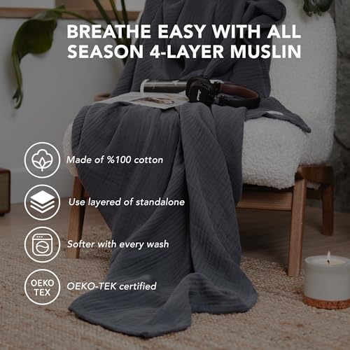 Goqan Muslin Blanket King Size 90x108 – 100% Turkish Cotton 4 Layer Boho Muslin Blanket for Adults, Four Season, Lightweight and Thin, Soft, Breathable - Dark Grey - color: Dark Grey, size: King (90"x108")