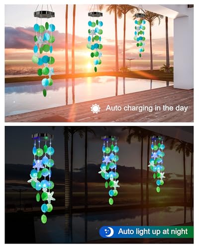 Solar Wind Chimes Decorative Lights for Outside, Hanging Lights for Holiday Garden Yard Window Shells Gifts for Mom Grandma Women Wife Girls - size: Sea