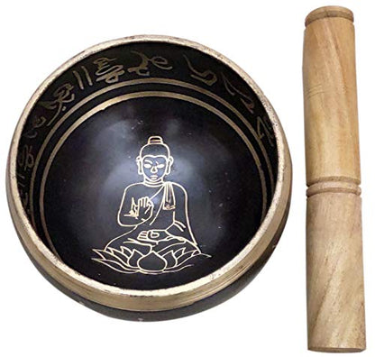 Purpledip Bell Metal Singing Bowl 'Yogi': Buddhist Tibetan Musical Instrument for Meditation Prayers (12041) - style: Yogi design | 4.5 inches | Black