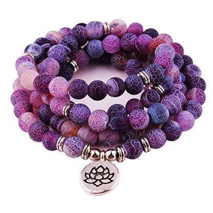 8mm 108 Mala Beads Wrap Bracelet Necklace for Yoga Charm Bracelet Natural Gemstone Jewelry for Women Men - color: Purple Weathered Stone