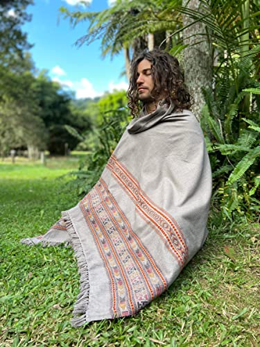 Handmade SAMADHI Meditation Prayer Shawl Rhino Grey Blanket Cosy Cashmere Yak Wool Tibetan Lahsa Winter Tribal Celtic Embroidery Boho Zen AJJAYA