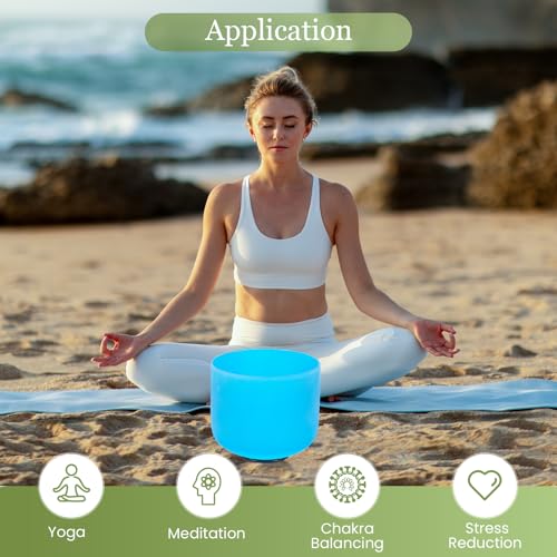432HZ 8 Inchs G Note Blue Frosted Crystal Singing Bowl for Meditation Healing Yoga Chakra Quartz Crystal Sound Bowls with Heavy Duty Carry Case and Rubber Mallet,Suede Striker,O-rings - color: G Note Blue, size: 8 inch Throat Chakra