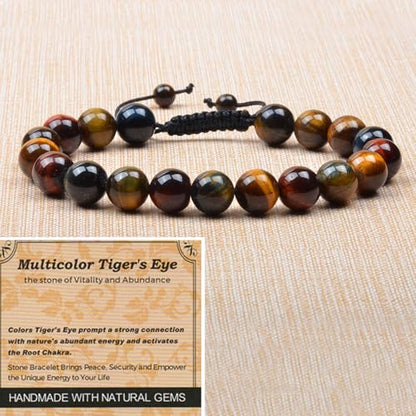 MASSIVE BEADS Handmade Yoga Natural Stone Crystal Healing Power Energy Gifts for Unisex Adult Bracelet Macrame Adjustable - color: 3-Tiger's Eye (Vitality and Abundance), size: 10mm