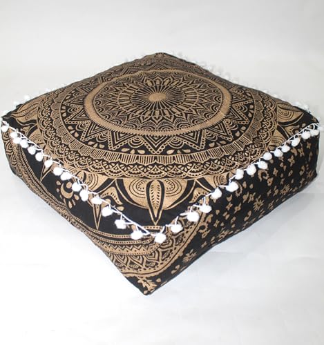 CRAFT KALA 16" Square Large Hippie Mandala Meditation Floor Ottoman Pillow Cushion Pouf Cover Square Poufs Bohemian Circle Floor Cushion Case Outdoor Fireplace Yoga Living Room Decor Cover Black Gold - color: Black Gold, size: 16"D x 16"W x 5"H