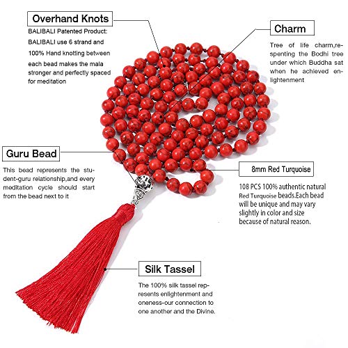 108 Mala Beads Necklace Semi-Precious Gem Stones Meditation Necklace 108 Hand Knotted Japa Mala Beaded Tassel Necklace with Tree of Life Pendant - color: Red Turquoise