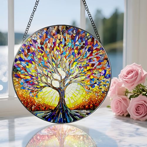 Stained Glass Window Hanging, 8 in Tree of Life Sun Catchers Indoor Window, Stained Glass Suncatcher, Gifts for Women, Her, Wife, Friend and Mom for Mother's Day, Christmas, Birthday - color: Tree of Life