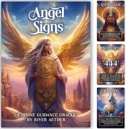 Angel Signs: A Divine Guidance Oracle with Angel Numbers by River Aether - Deck of 66 Inspirational Angelic Tarot Oracle Cards with Keywords and Meanings on Them
