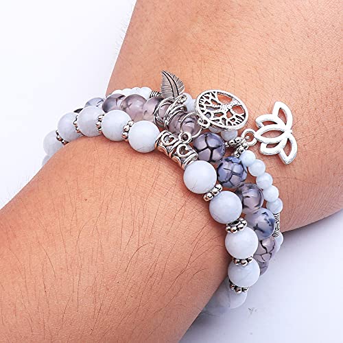 Tree of Life Yoga Healing Stone Bracelets,Multilayer Lotus Chakra Stone Reiki Bracelet Sets,Anxiety Crystal Natural Stone,for Women Stress Relief - style: Aquamarine dragon pattern stone