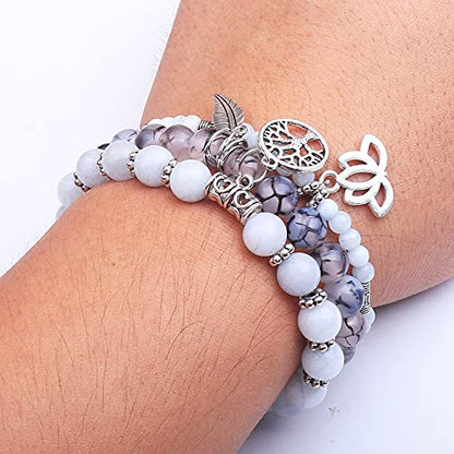 Tree of Life Yoga Healing Stone Bracelets,Multilayer Lotus Chakra Stone Reiki Bracelet Sets,Anxiety Crystal Natural Stone,for Women Stress Relief - style: Aquamarine dragon pattern stone
