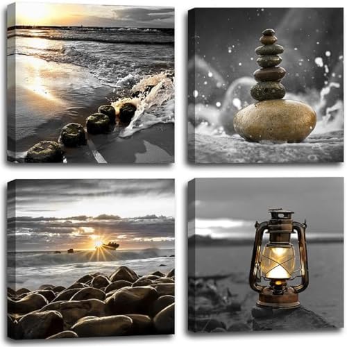 Yxbhhym-Canvas Zen Décor Black and White Beach Wall Art Ocean Poste Seascape Picture Print Sunset Scenery Painting Artwork for Living Room Wall Decor Bedroom Bathroom Wall Home Decorations Framed - color: black white bech zen, size: 12"L x 12"W x 4 pcs