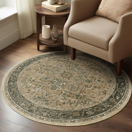 Brown Olive Small Round Rug 4ft for Entryway Low Pile, Kitchen Bathroom Washable Circle Rug 4 Feet Non Slip, Vintage Medallion 4 Foot Round Area Rug for Small Living Room/Dining Room/Bedroom - color: Medallion-brown/Olive, size: 4' (Round)