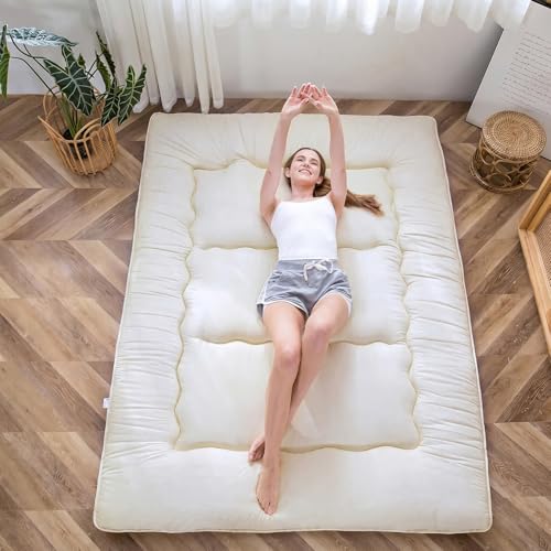 MAXYOYO Japanese Floor Futon Queen Size, Thicken Tatami Mat Sleeping Pad Foldable Roll Up Mattress Trifold Pad Guest Mat, Off White - color: Off White, size: Queen