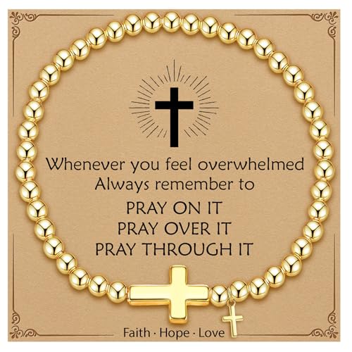 Cross Bracelet for Her,14K Gold Bracelets for Women,Beaded Bracelets as Christian Confirmation Religious Baptism Gifts for Women Teen Gold Jewelry - color: Pray-02