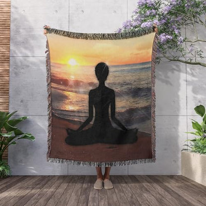 3dRose Meditation on The Beach Yoga Woman in Lotus Position at Sunset Woven Blanket