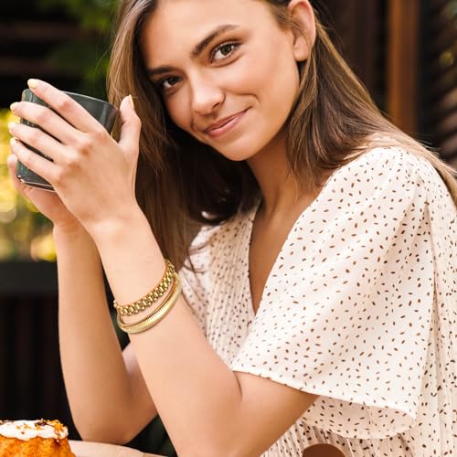 MPRAINBOW 2pcs 18K Gold Plated Chain Link Bracelet, Stainless Steel Crystal Friendship Bracelets Bangle,Watch Band Chains Wristband Jewelry with Adjust Tool - color: Gold Set - M